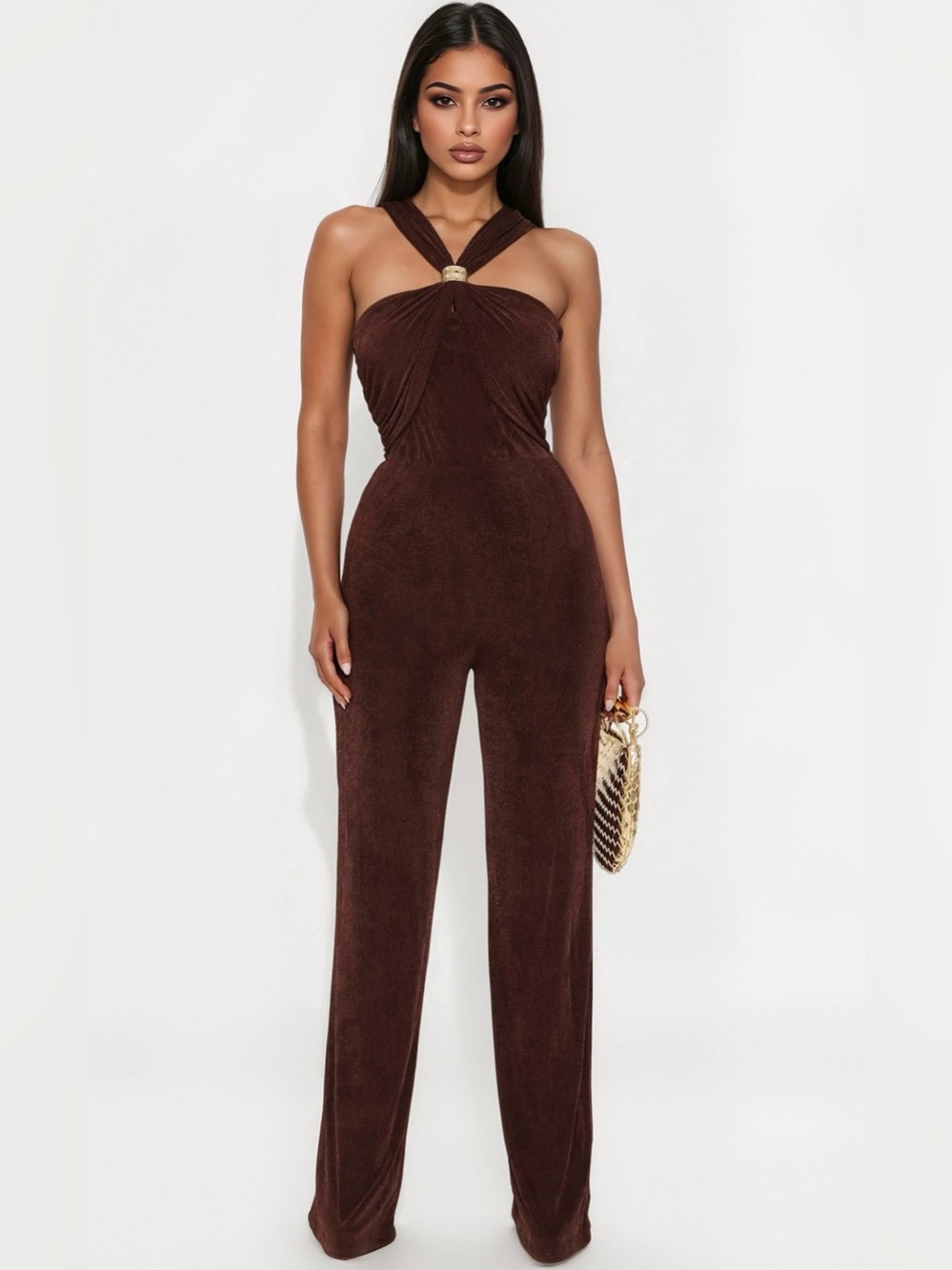 Fashion Nova Chocolate Brown Halter Jumpsuit